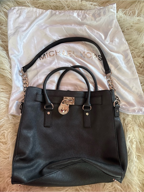 Michael Kors Handbags - Michael Kors Hamilton Large Saffiano Leather Tote Bag Black Silver Hardware